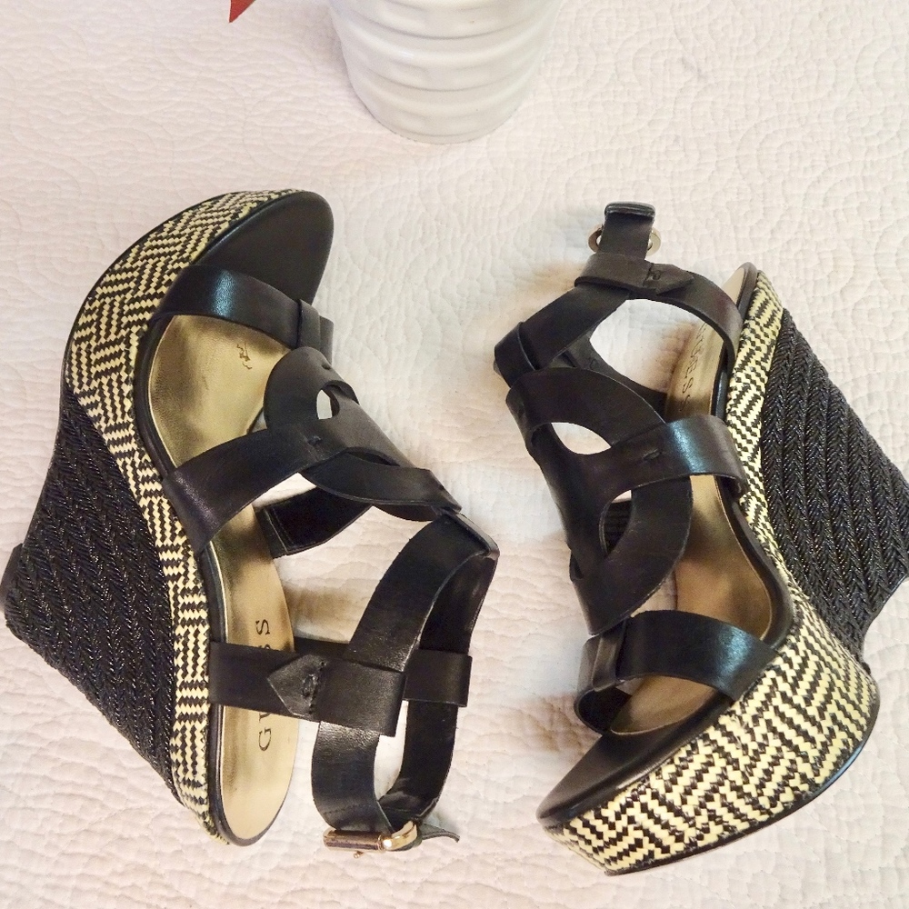 Guess Woven Black Wedge Sandals